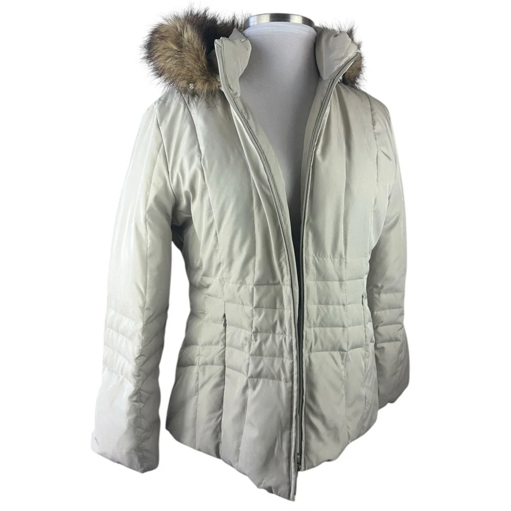 Calvin Klein Down Puffer Coat Faux Fur Hood Beige Full Zip Women's Size XL - Picture 4 of 15